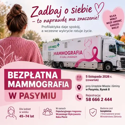 Bezpłatna mammografia w Pasymiu – mammobus LUX MED przyjedzie 5 listopada