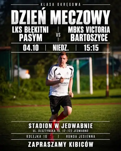Błękitni Pasym zagrają z Victorią Bartoszyce w 10. kolejce Klasy Okręgowej