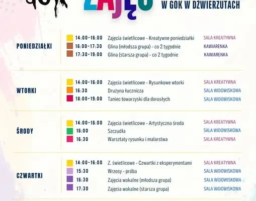 GOK Dźwierzuty zaprasza na zajęcia – sprawdź tygodniowy rozkład