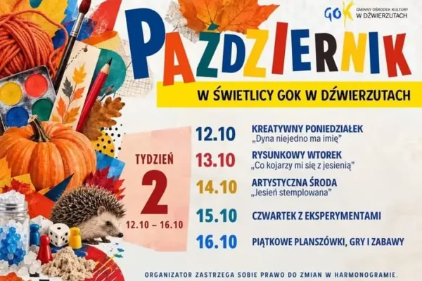 Harmonogram zajęć świetlicowych w Dźwierzutach na drugi tydzień października