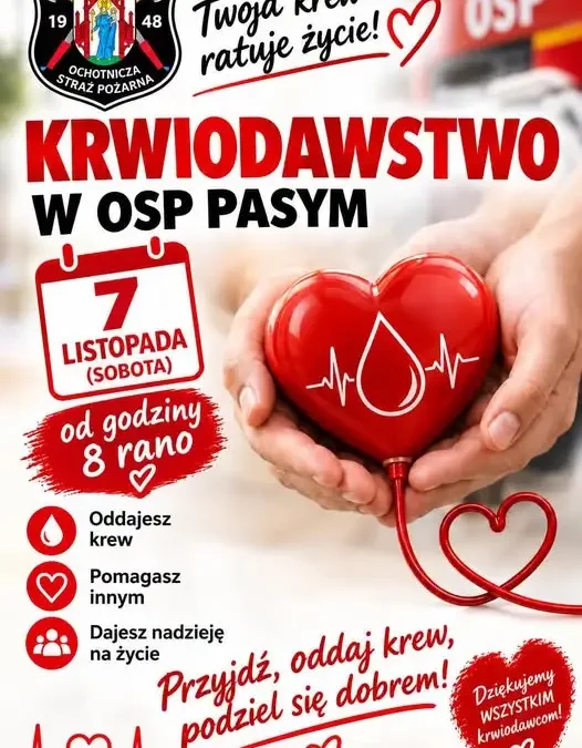 Pasym: 7 listopada pierwsza sobotnia zbiórka krwi w remizie OSP