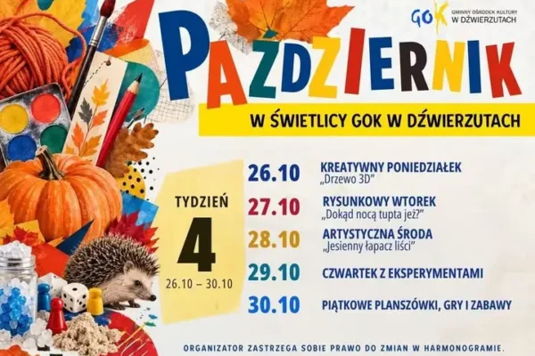 Harmonogram zajęć świetlicowych w Gminie Dźwierzuty na tydzień 26–30 października